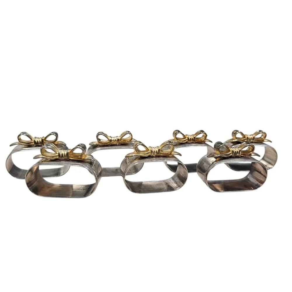 Set of 7 Vintage Silver Napkin‎ Rings Gold Bows Elegant Table Simple Victorian